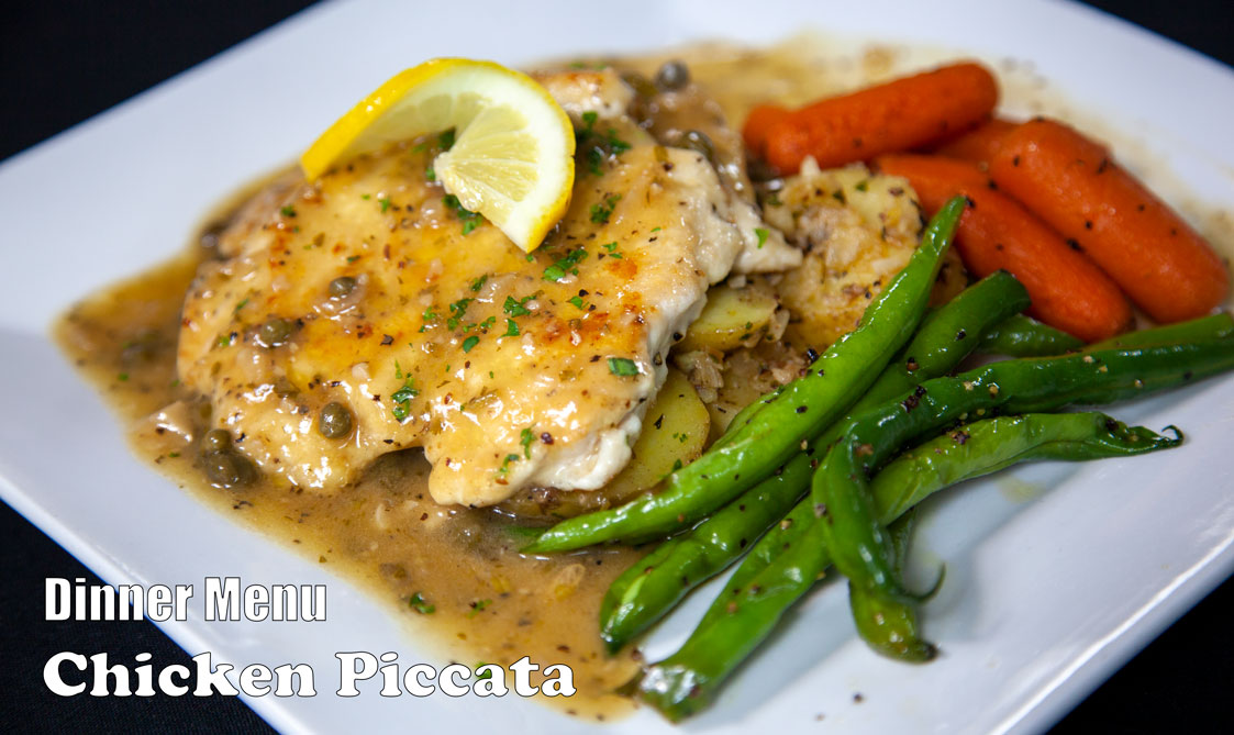 Chicken piccata with potatoes, carrots and green beans